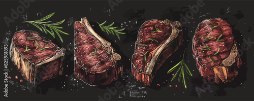 Hand drawn cuts of beef. Grilled meat sketch. Steak house, grill restaurant menu. Food concep. vector simple illustration