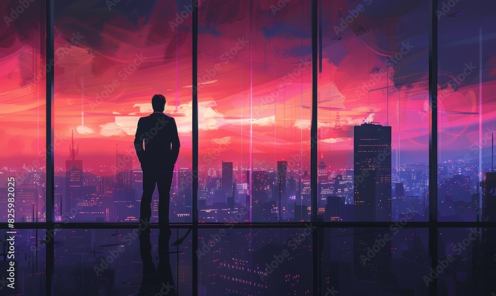 A CEO standing by the window, looking out over the city skyline A CEO standing by the window, looking out over the city skyline