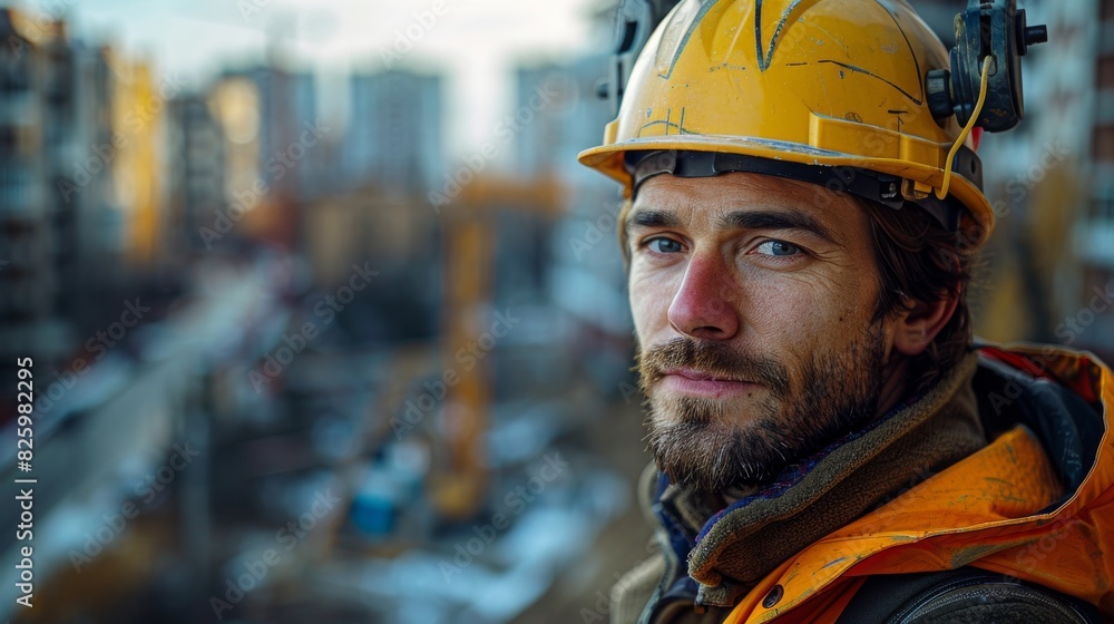 Construction worker in protective gear overlooking a city construction site at sunset Construction worker in protective gear overlooking a city construction site at sunset