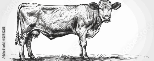 Farm animal. Dairy cow sketch. Hand drawn Cow, standing full-length in front of white background. vector simple illustration