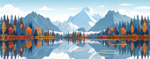 A tranquil mountain lake reflecting the snow-capped peaks and vibrant autumn foliage of the surrounding forest. Vector flat minimalistic