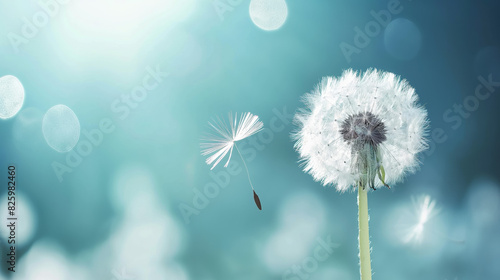 A single dandelion seed detaches and flies away from the dandelion flower against a bokeh background