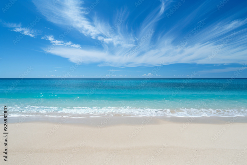 Fototapeta premium Sunlit Beach with Blue Sky and Ocean View
