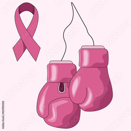 Vector pink Boxing Gloves and symbol Breast Cancer Awareness Month isolated light background. Flat style vector can used medical web and social media design, template for poster, flyer. Editable   