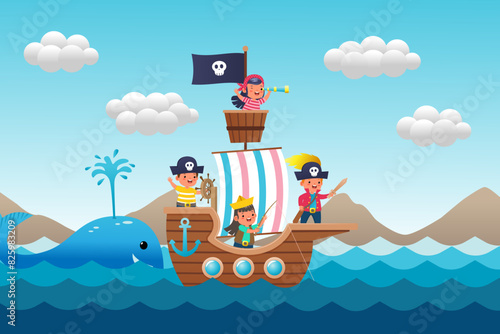 Kids pirate ship sailing in the sea with black skull flag. Flat style vector cartoon illustration.