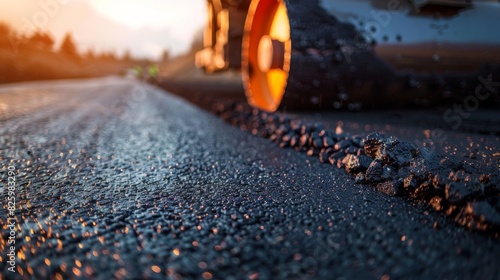 A steamroller flattens a freshly poured layer of asphalt on a road under construction. photo