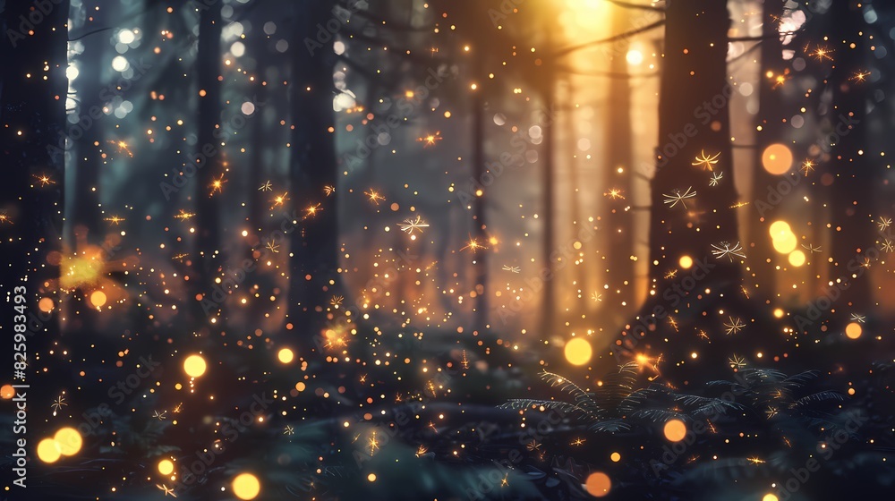 A swarm of fireflies in a dark forest, with a background of abstract particles of light A swarm of fireflies in a dark forest, with a background of abstract particles of light