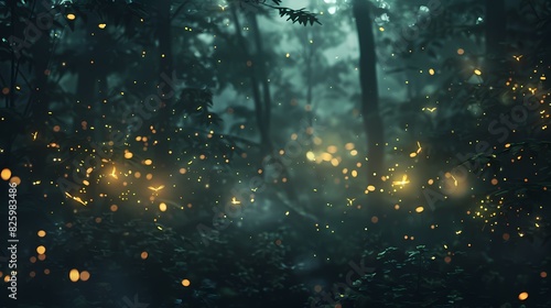 A swarm of fireflies in a dark forest, with a background of abstract particles of light