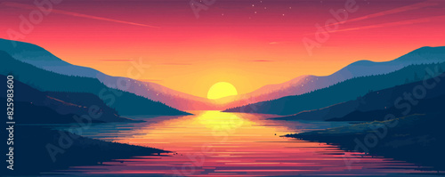 A dreamy sunset over a tranquil river, casting a warm, golden hue over the surrounding landscape. Digital art style vector flat minimalistic isolated