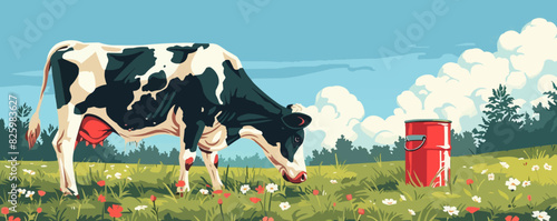 cow grazes in clearing with can. vector simple illustration