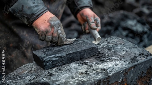 A person uses a special tool to smooth and flatten the top of a freshly made briquette ensuring its durability.