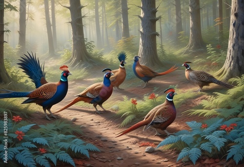 A group of male and female common pheasants foragi photo