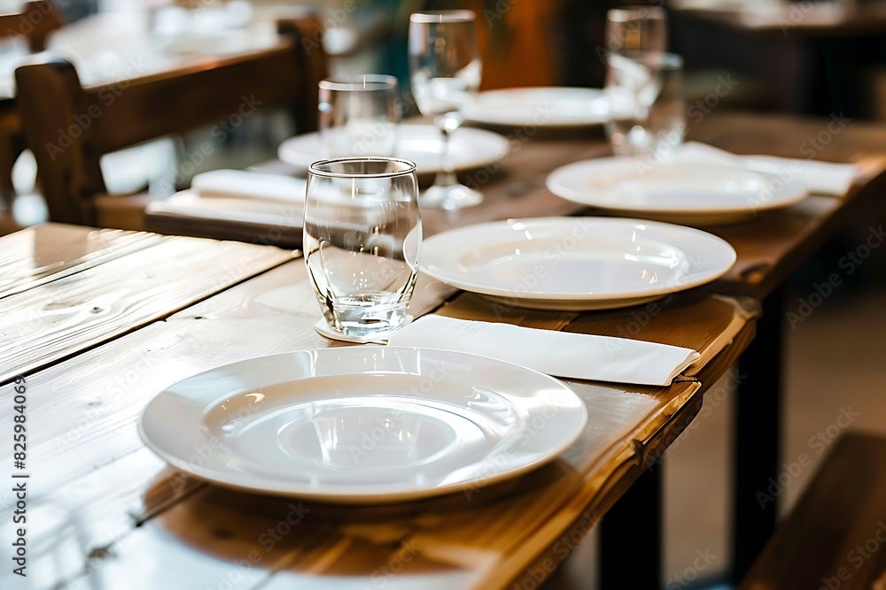 Empty clean plates ready to use on the desk in a luxury restaurant Empty clean plates ready to use on the desk in a luxury restaurant