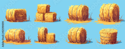 Hay bales, piles, heaps and stacks set. Isolated on background. Cartoon flat vector