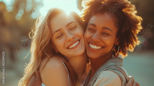 Two young women are embracing and smiling broadly in a sunlit park during the afternoon, radiating happiness and friendship. photo
