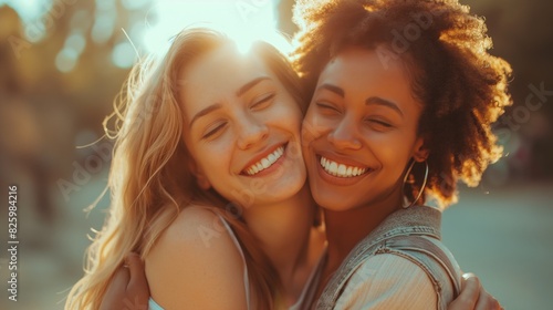 Two young women are embracing and smiling broadly in a sunlit park during the afternoon, radiating happiness and friendship.