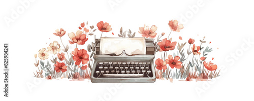 Retro typewriter machine with flowers. Floral vintage style clip art. Hand drawn sketch. vector simple illustration