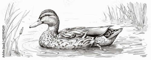 Duck swimming in the lake sketch, hand drawn in doodle style Vector illustration.