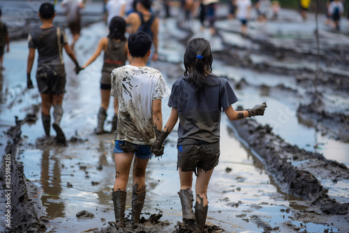 Back View of People Walking Hand in Hand in Mud Pool at Boryeong Mud Festival Theme Park photo