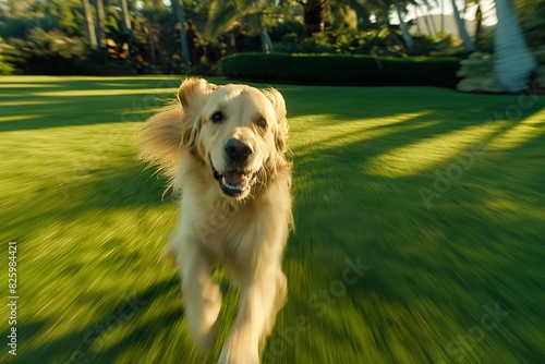 A lively dog is captured dashing towards the camera across a lush green lawn or meadow. The sun is shining. The dog s expression reveals a sense of excitement and exuberance.