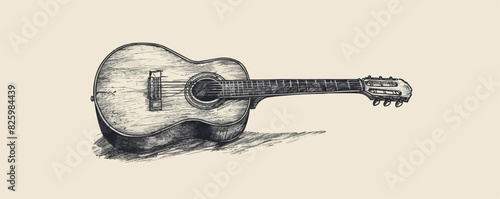 Retro guitar sketch hand drawn vintage musical instrument.