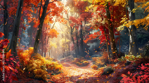 A narrow path winding through a dense forest in autumn. The trees are in full fall colors, with red, orange, and yellow leaves scattered on the ground. Sunlight filters through the branches, creating