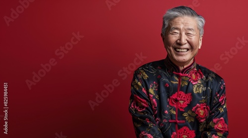 An elder Chinese man smiles, clad in a vibrant black and red shirt