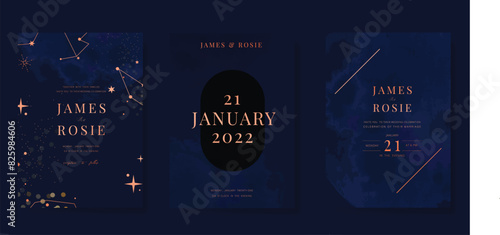 Navy Blue Luxury Wedding Invitation, start invite thank you, rsvp modern card Design in Night sky with  little star moon sun and space decorative Vector elegant rustic template