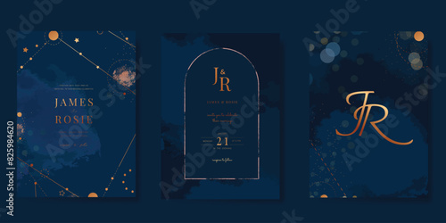 Navy Blue Luxury Wedding Invitation, start invite thank you, rsvp modern card Design in Night sky with  little star moon sun and space decorative Vector elegant rustic template