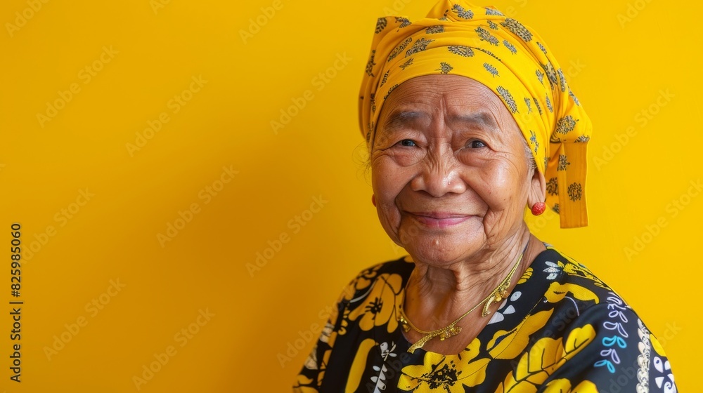 An elderly Indonesian woman smiles warmly in a bright studio, wearing a yellow headscarf An elderly Indonesian woman smiles warmly in a bright studio, wearing a yellow headscarf