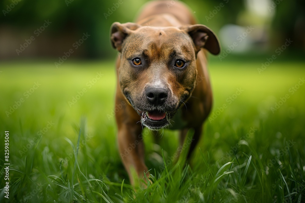 A lively dog is captured dashing towards the camera across a lush green lawn or meadow. The sun is shining. The dog's expression reveals a sense of excitement and exuberance.