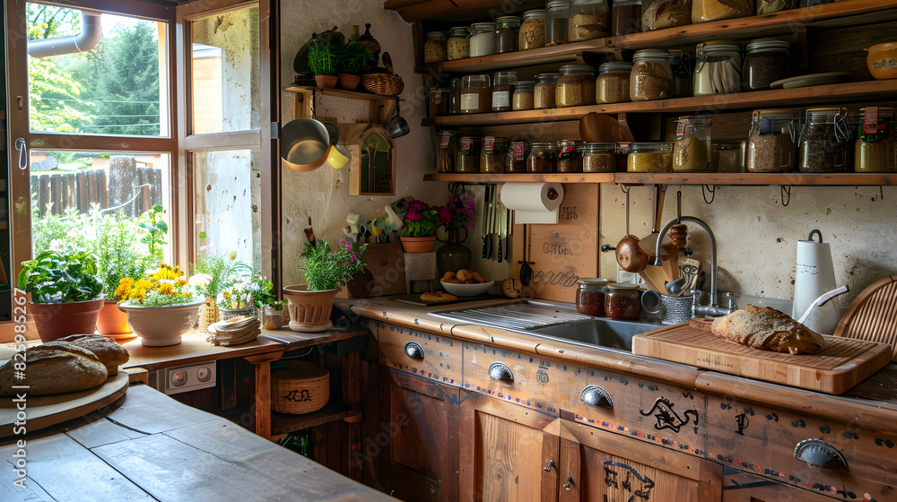 A charming rustic kitchen with wooden cabinets, a farmhouse sink, and a large wooden table. Freshly baked bread and jars of homemade preserves on the counter, with a window overlooking a lush green A charming rustic kitchen with wooden cabinets, a farmhouse sink, and a large wooden table. Freshly baked bread and jars of homemade preserves on the counter, with a window overlooking a lush green