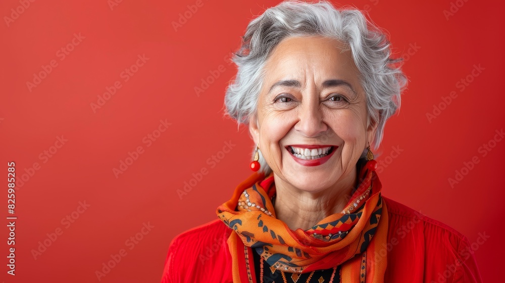 An elegant older Latin woman with grey hair donning a red jacket and orange scarf, exudes warmth and style An elegant older Latin woman with grey hair donning a red jacket and orange scarf, exudes warmth and style