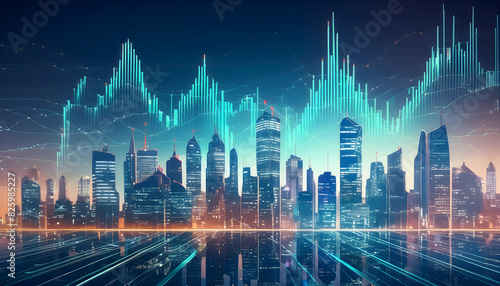 Neon night city skyline business technology futuristic background. 