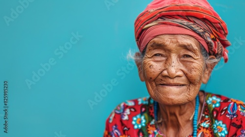 An elderly Indonesian woman wearing a red turban smiles softly photo