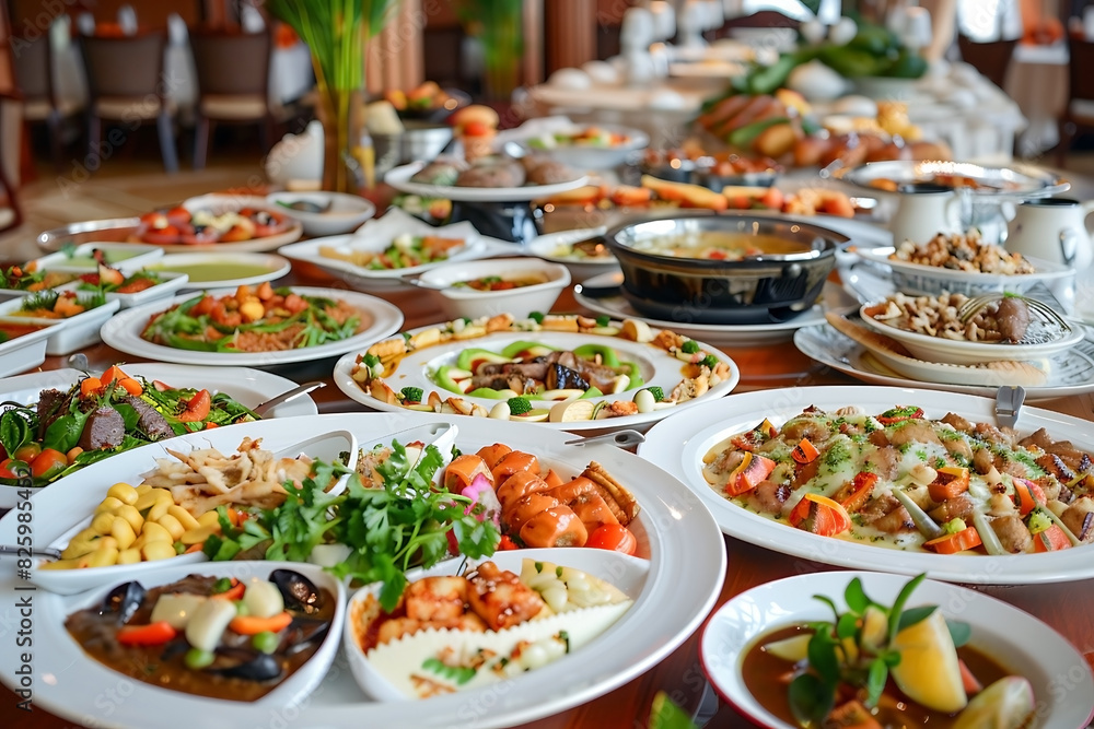 Lavish Buffet Spread with Various Dishes. Many dishes on the table in a luxury restaurant.