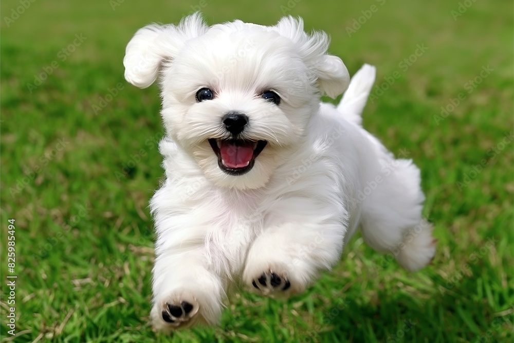 A lively dog is captured dashing towards the camera across a lush green lawn or meadow. The sun is shining. The dog's expression reveals a sense of excitement and exuberance. A lively dog is captured dashing towards the camera across a lush green lawn or meadow. The sun is shining. The dog's expression reveals a sense of excitement and exuberance.