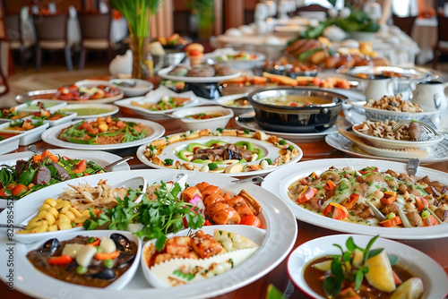 Lavish Buffet Spread with Various Dishes. Many dishes on the table in a luxury restaurant.