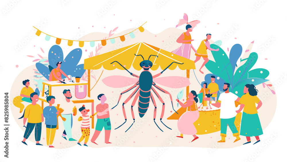 Happy Families Enjoying a Colorful Outdoor Summer Festival with Giant Insect Mascot