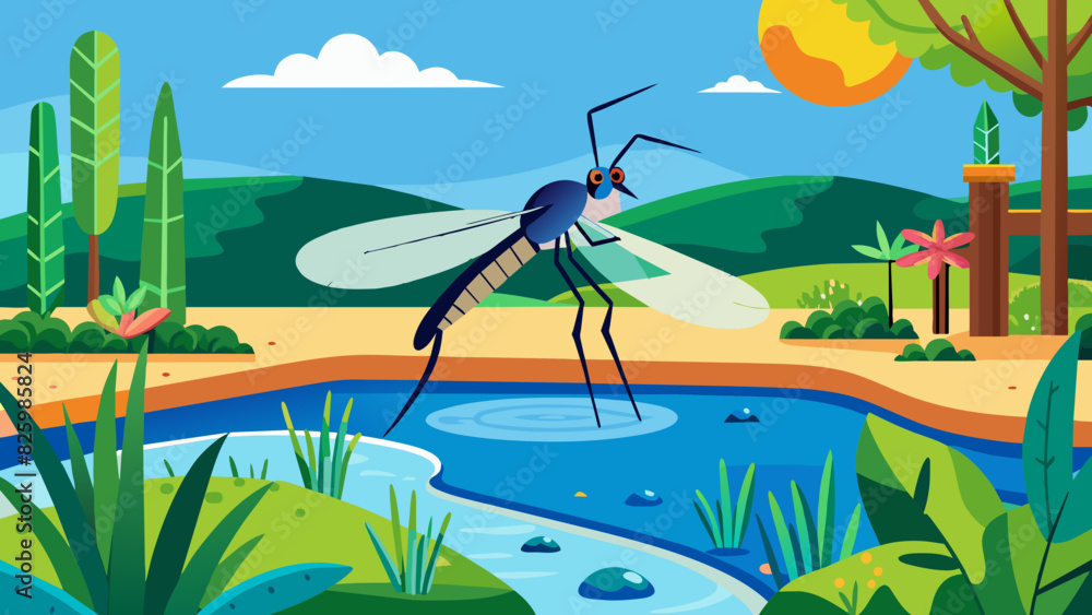 Colorful Cartoon Mosquito by a Pond in a Lush Landscape