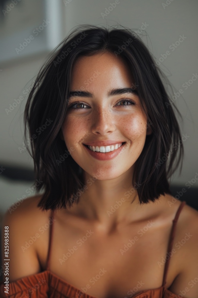 Portrait of a young woman with short, shoulder length hair. have a beautiful smile Portrait of a young woman with short, shoulder length hair. have a beautiful smile