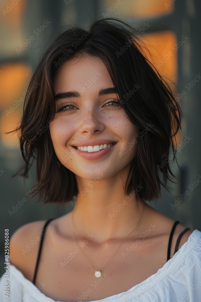 Portrait of a young woman with short, shoulder length hair. have a beautiful smile Portrait of a young woman with short, shoulder length hair. have a beautiful smile