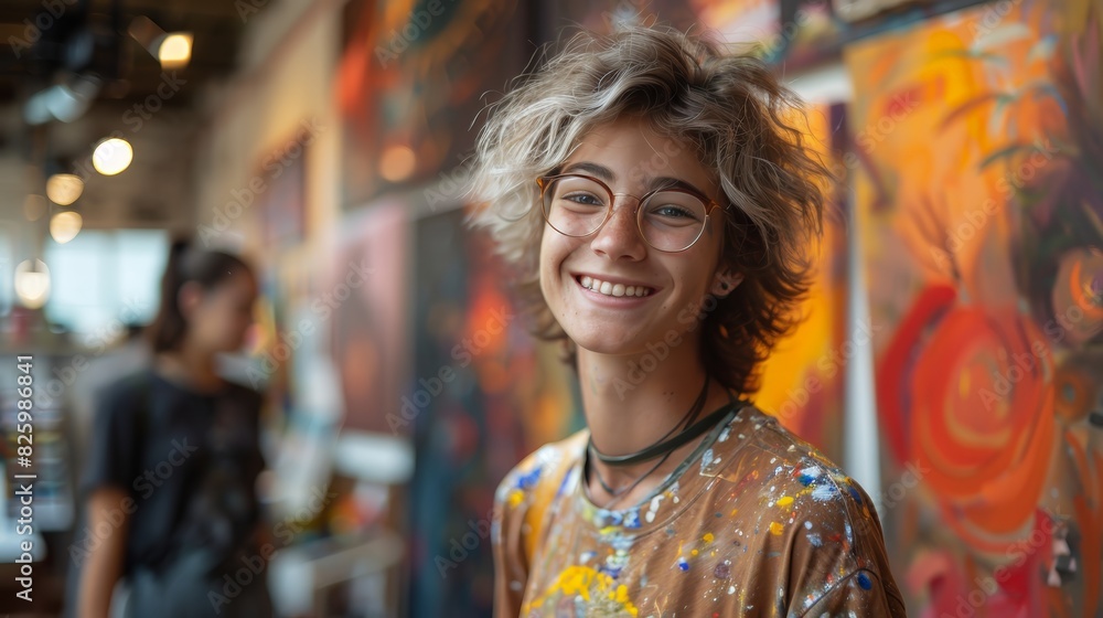 Obraz premium Empowering Artistry: Non-Binary Leader Facilitating a Community Painting Workshop