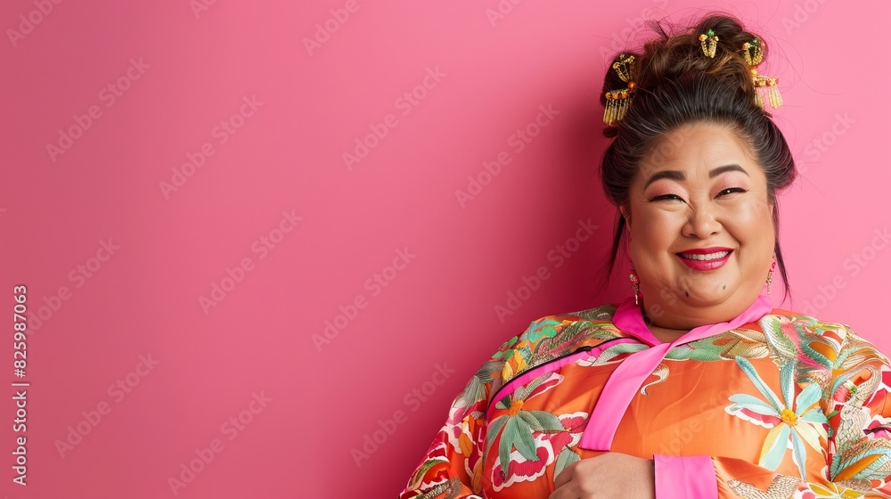 A graceful woman smiles in a vibrant kimono pose A graceful woman smiles in a vibrant kimono pose