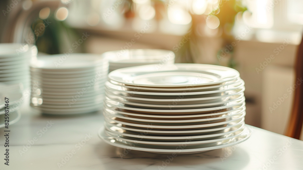 Neat Stack of Plates on Table - Ready for Use Neat Stack of Plates on Table - Ready for Use