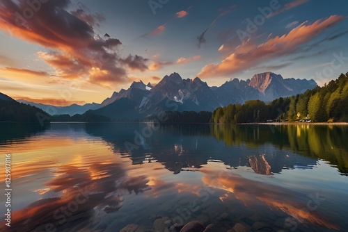 Great summer sunrise on Eibsee lake with Zugspitze mountain range. Sunny outdoor scene in German Alps  Bavaria  Germany  Europe. Beauty of nature concept background. Generative AI 