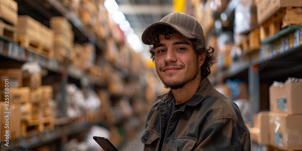 A smiling young man stands amidst a bustling warehouse, overseeing the logistics of shipping and distribution A smiling young man stands amidst a bustling warehouse, overseeing the logistics of shipping and distribution