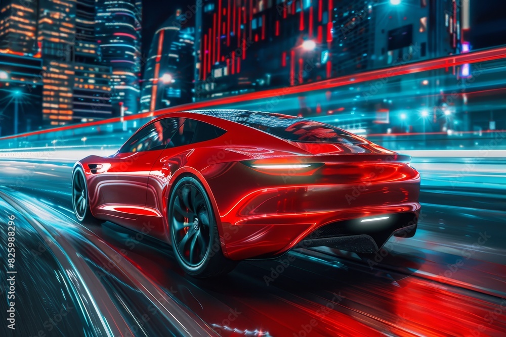 Red business car speeding in night city on high-speed highway, urban transportation concept