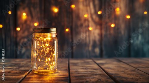A cozy mason jar filled with warm fairy lights set against a rustic wooden background with soft bokeh