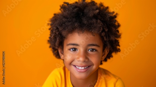 A young boy with curly hair smiles brightly at the viewer